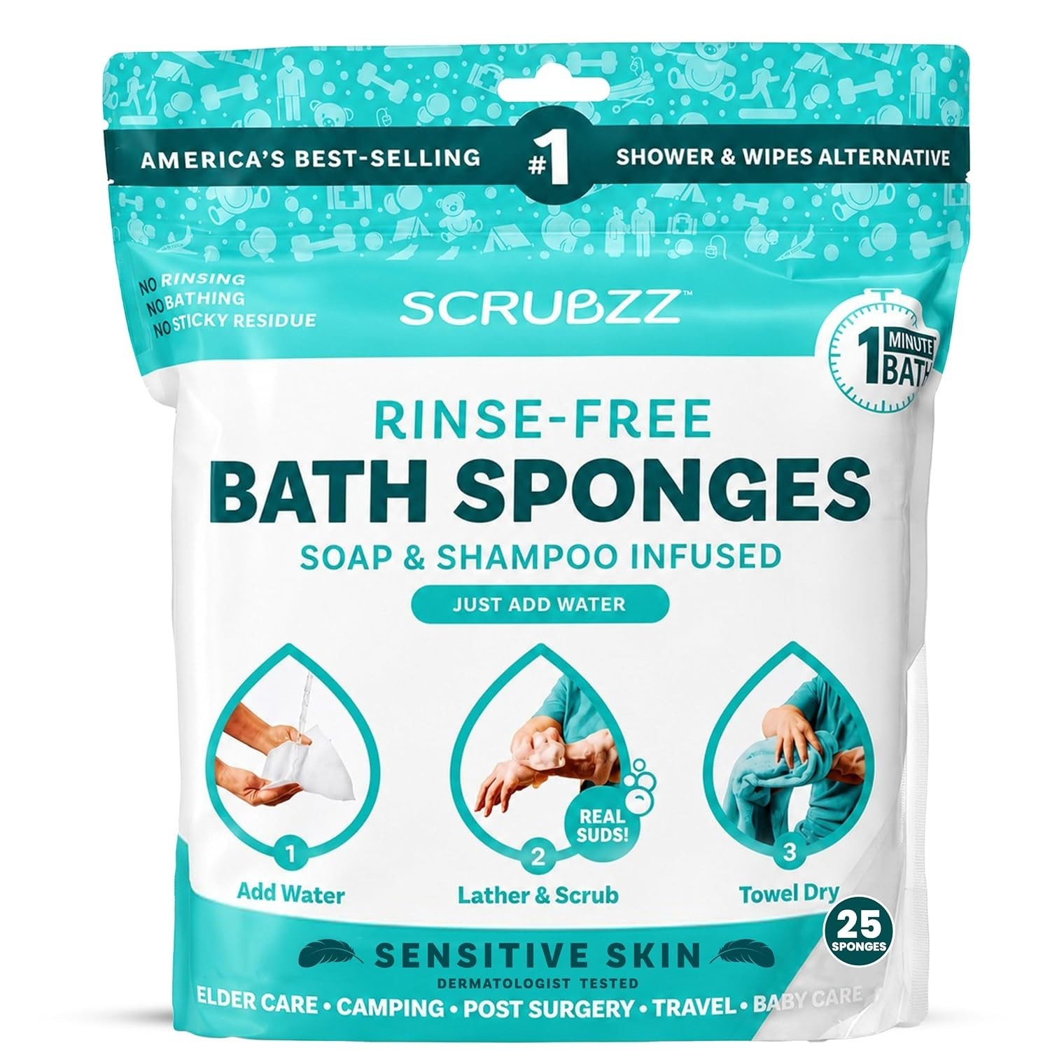 All-in-One Rinse-Free Bathing Wipes – 25 Pack for Sensitive Skin Convenience