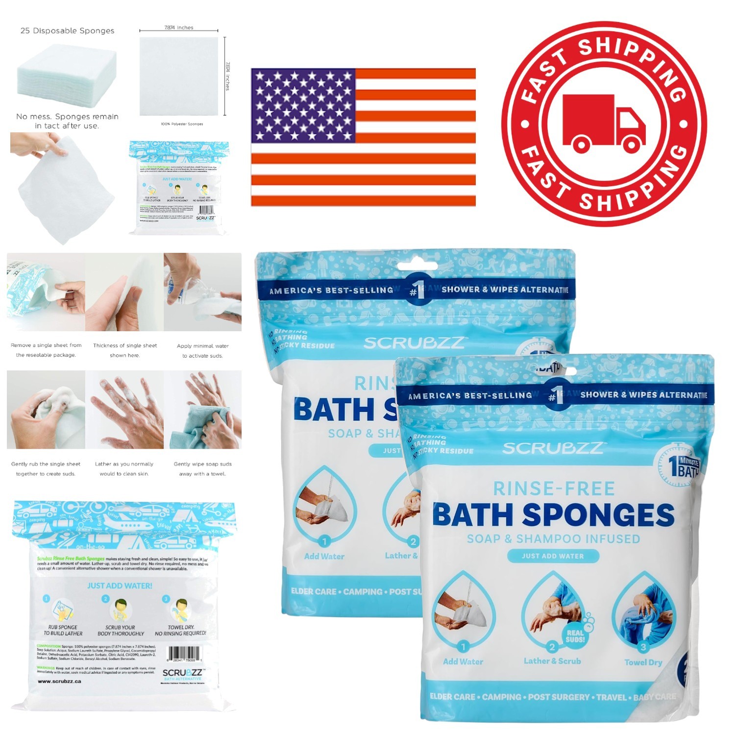 No Rinse Bathing Sponge Wipes 50 Count Lightweight and Hypoallergenic for Adults
