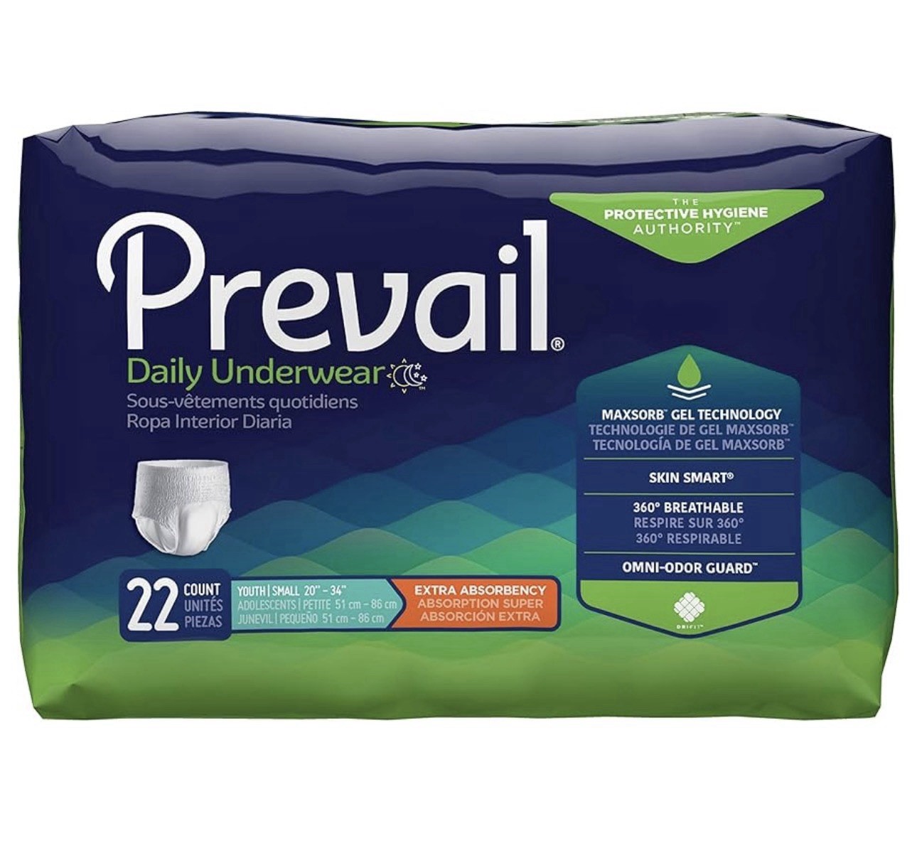 Prevail PV511 Incontinence Pants Underwear youth small 20″-34″ 22 count lot of 3
