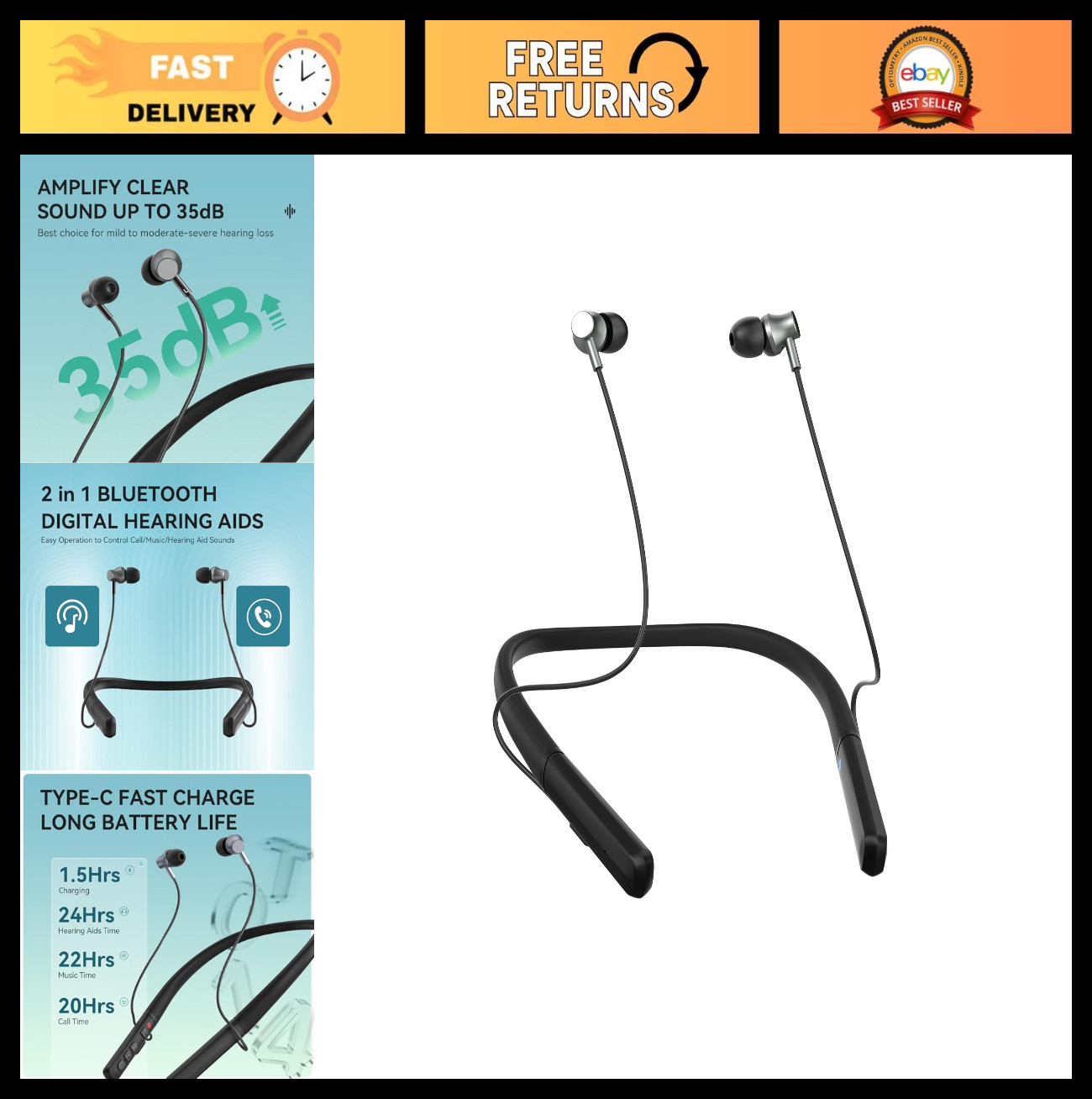Bluetooth Hearing Aids for Seniors, Rechargeable Neckband Amplifiers with Volume