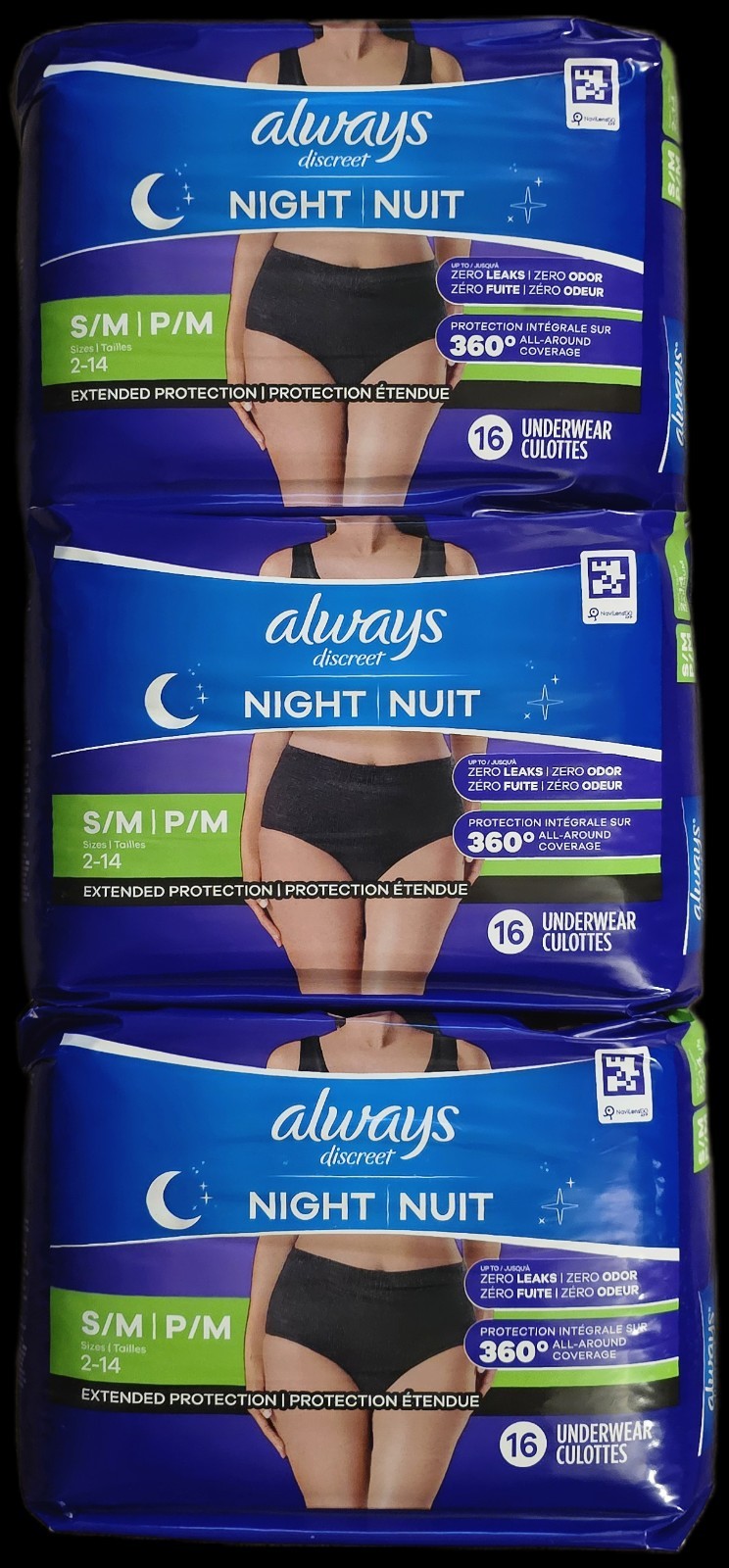 3 Packs Always Discreet Boutique Incontinence Underwear 16 Count – Black – S/M