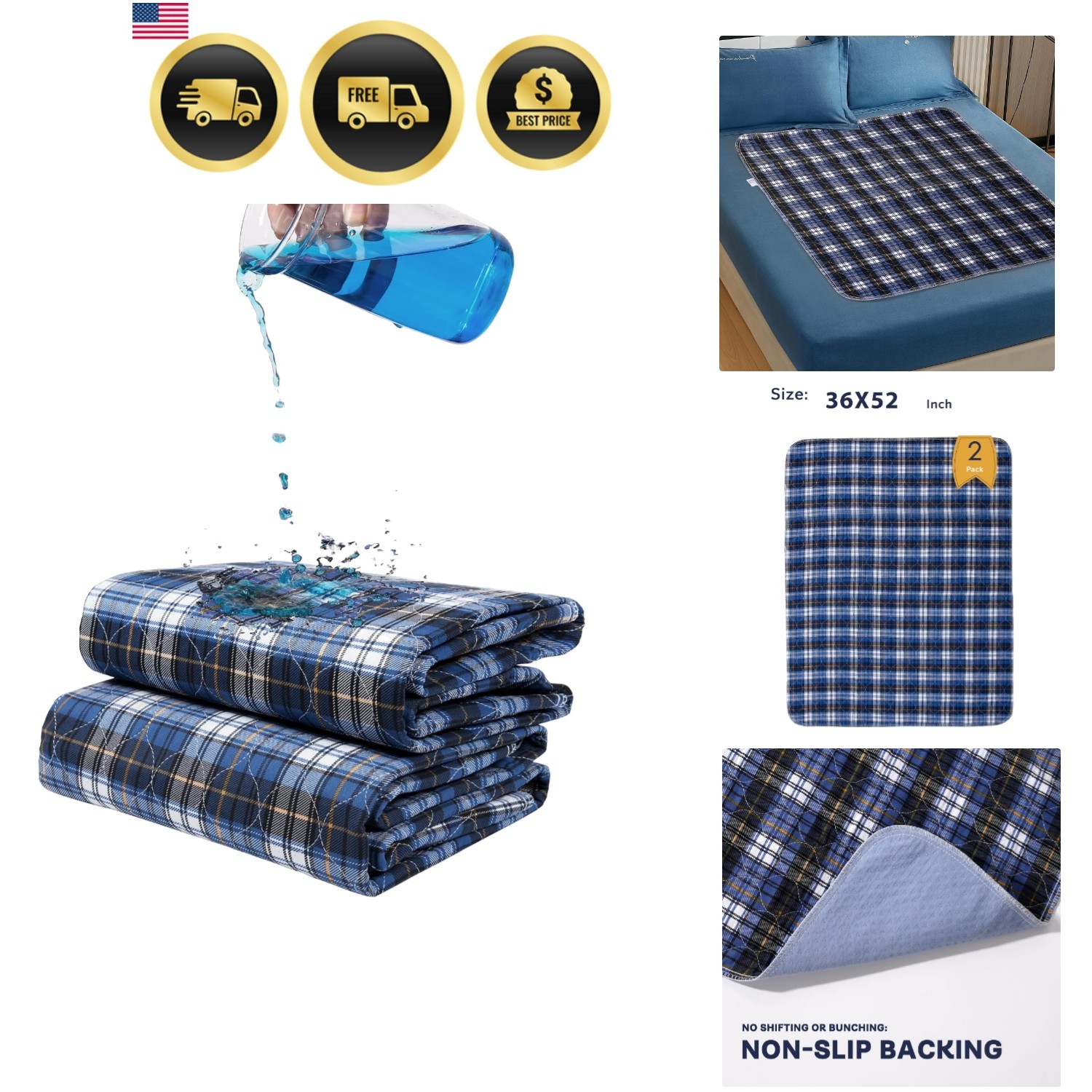 Non-Slip Bed Pads for Incontinence Washable 36″ x 52″|2 Pack,Waterproof Bed P…