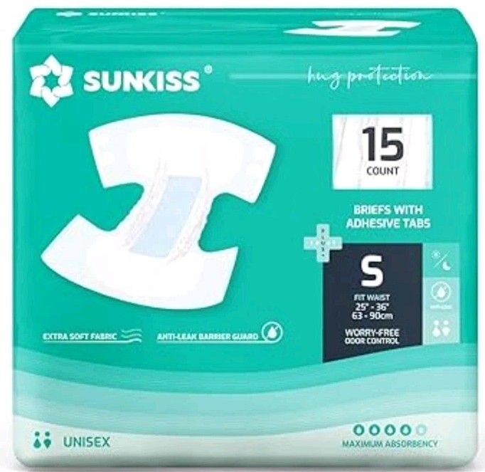 Sunkiss Briefs with adhesive tabs – S/M 26-34″ – worry free odor control 15-ct