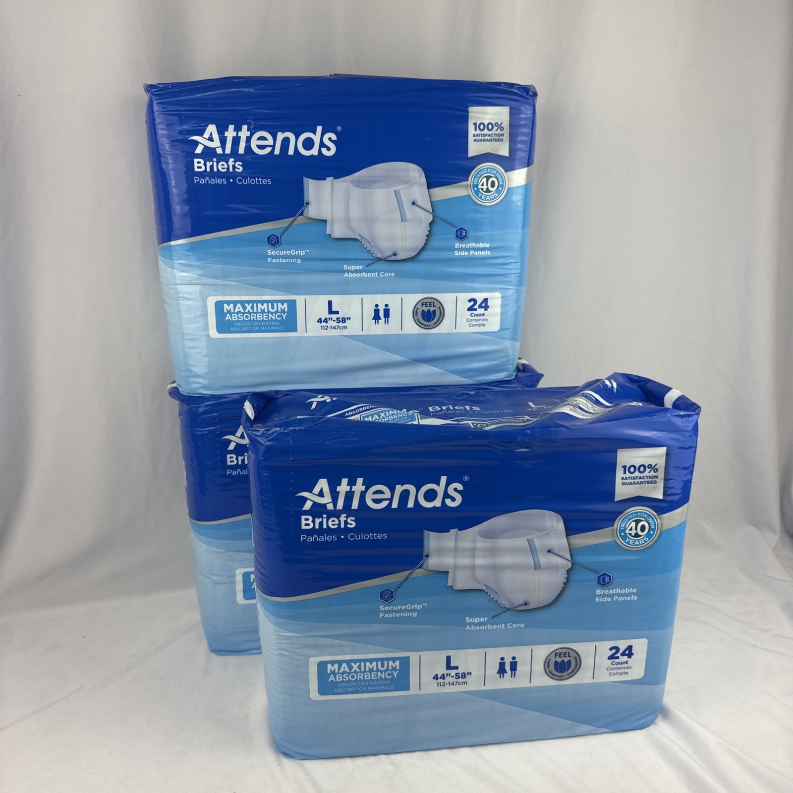 Attends Briefs Size L 44”-58” Maximum Absorbency 3 Packs 24ct 72 Total Count