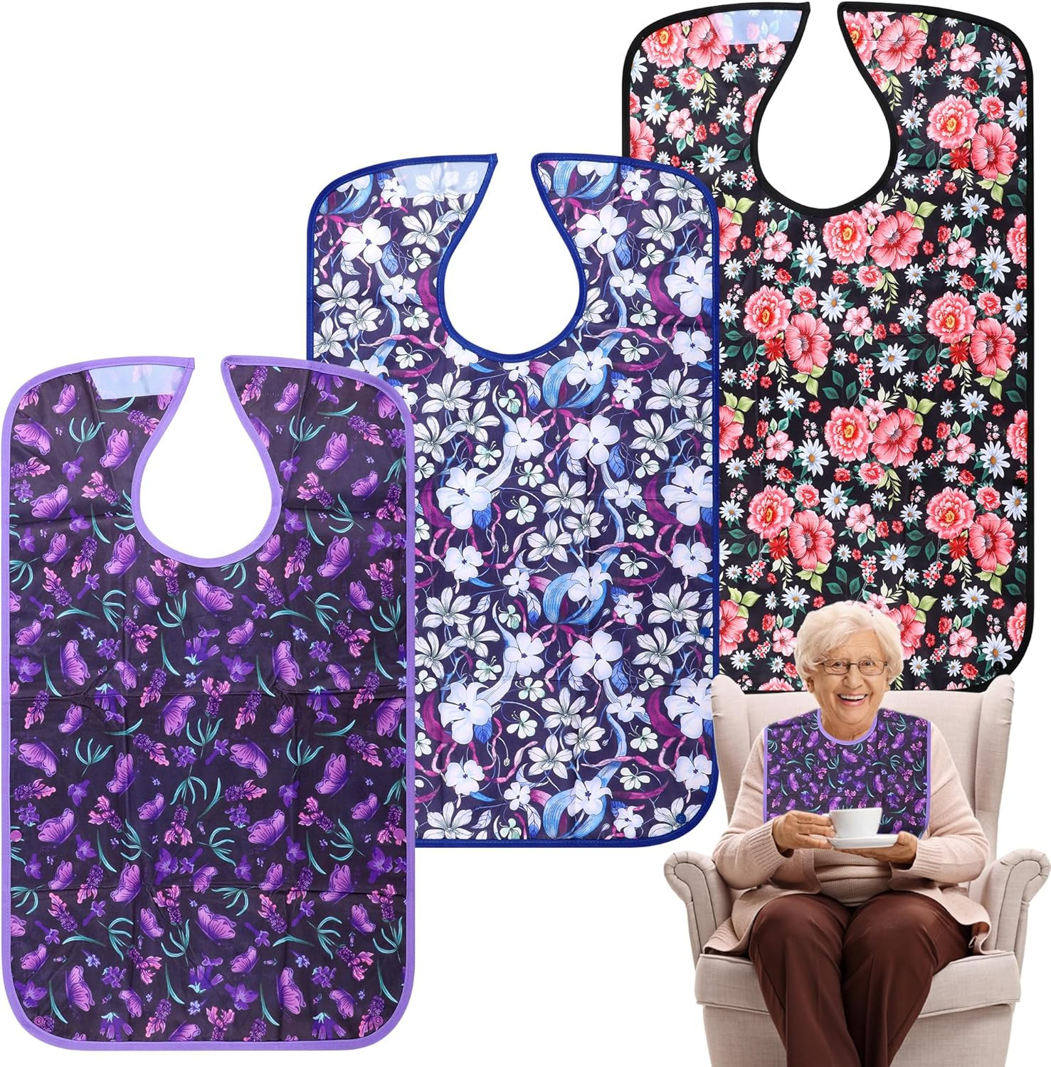 Adult Bibs – 3 Pcs Washable Clothing Protector with Crumb Catcher, Adult Bibs fo
