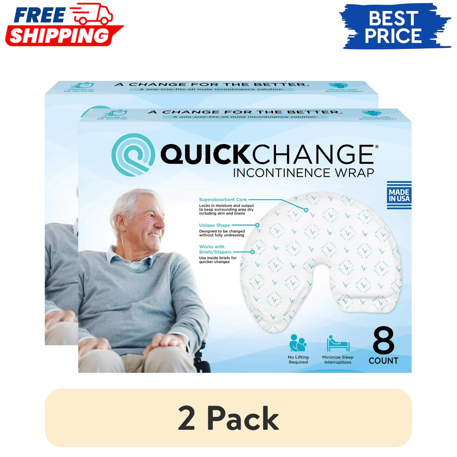 2 Pack QuickChange Male Maximum Absorbency Incontinence Wrap One Size 8 Count