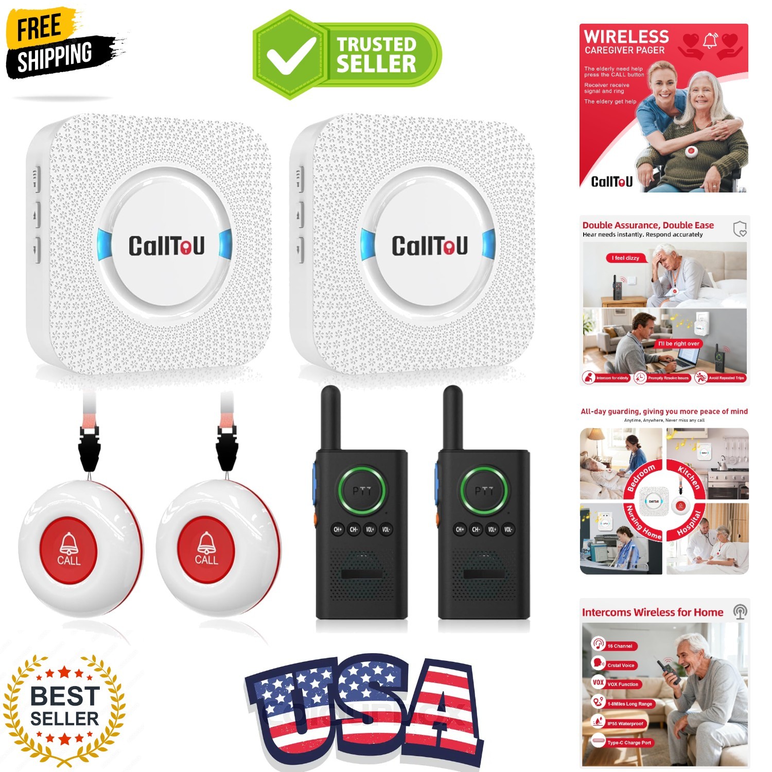 Caregiver Pager Wireless Alert Button Home Intercom System Long Range 2 Way R…