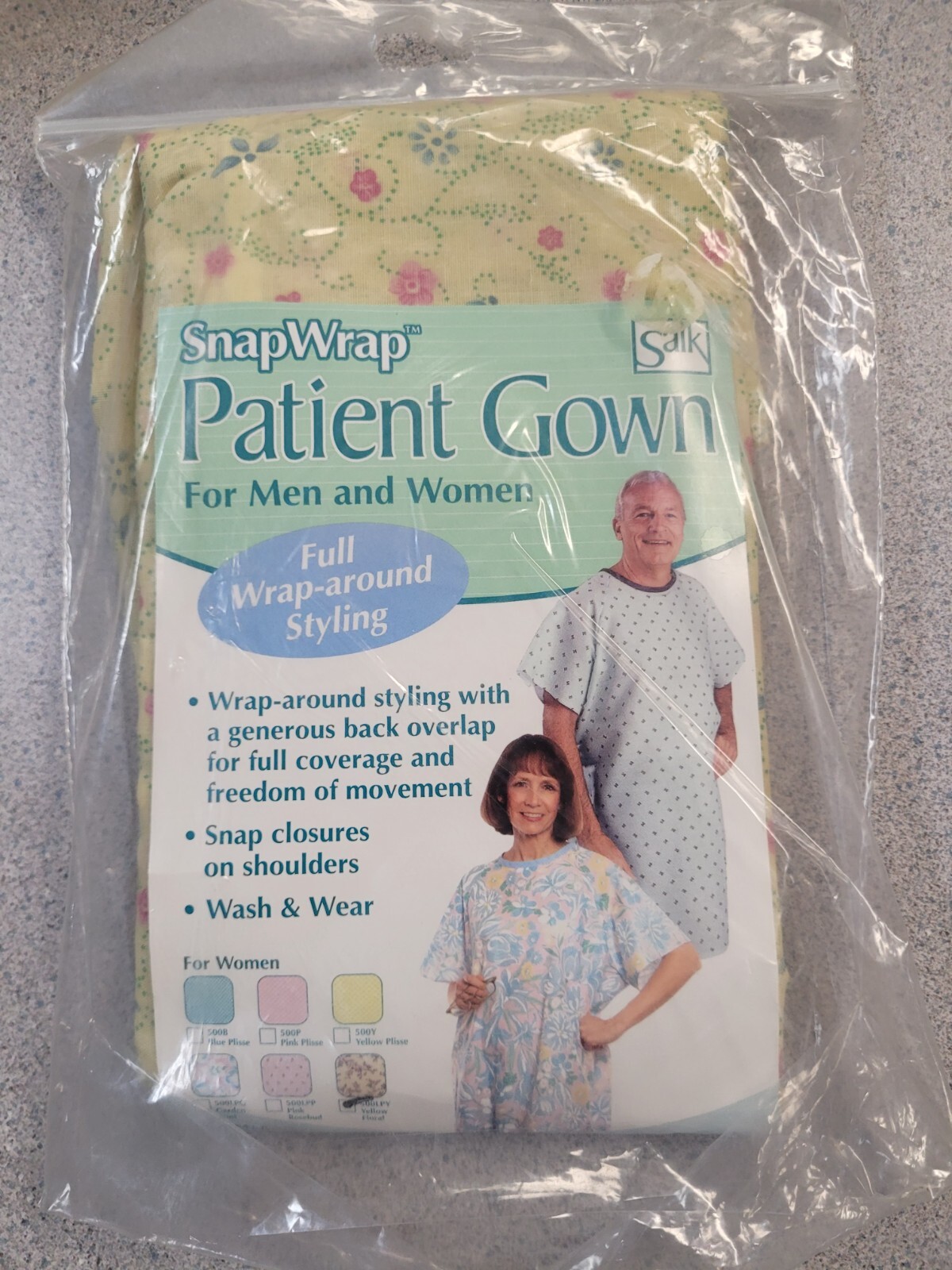 Snap Wrap Short Sleeve Patient Gown w/ Yellow Floral Pattern, One Size Fits All