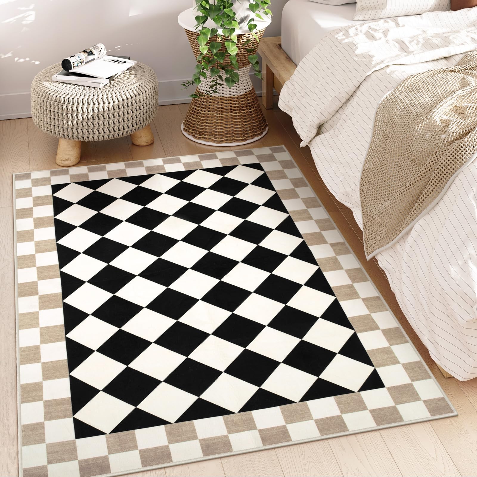 Morebes 4×6 Checkered Rug for Living Room, Black Washable Bedroom Area Rug Check