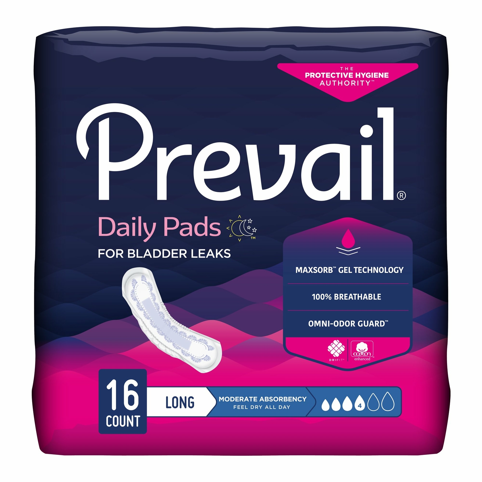 Prevail Daily Incontinent Pad 11″ L Long Length Moderate 16 Ct