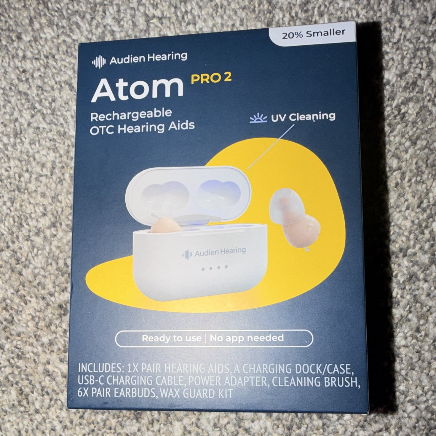 Audien Hearing Atom PRO 2 CIC Rechargeable OTC Hearing Aids UV Cleaning
