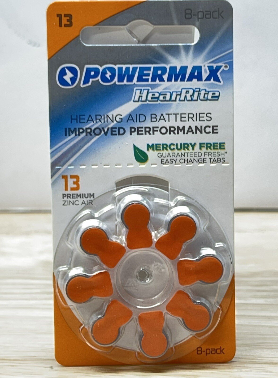 Powermax Size 13 Hearing Aid Batteries, Orange Tab, Zinc Air Mercury-Free, HearR
