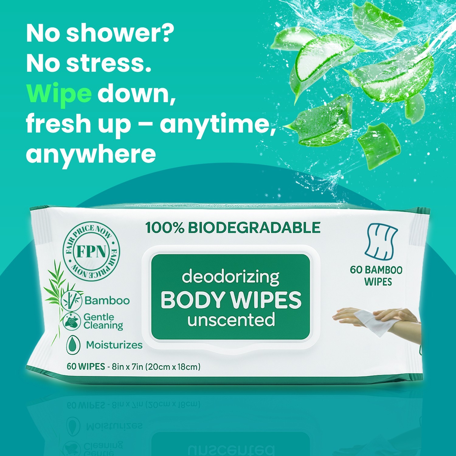 No Rinse Bathing/Shower Wipes Unscented Body Wipes Bamboo & aloe-240/1440 CT-FPN