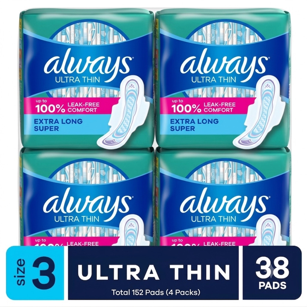 (4 Packs) Always Ultra Thin Daytime Pads with Wings, Size 3, Unscented, 38ct