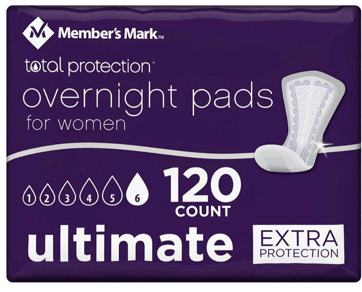 Member’s Mark Total Protection Overnight Pad for Women (120 ct. – 4×30)