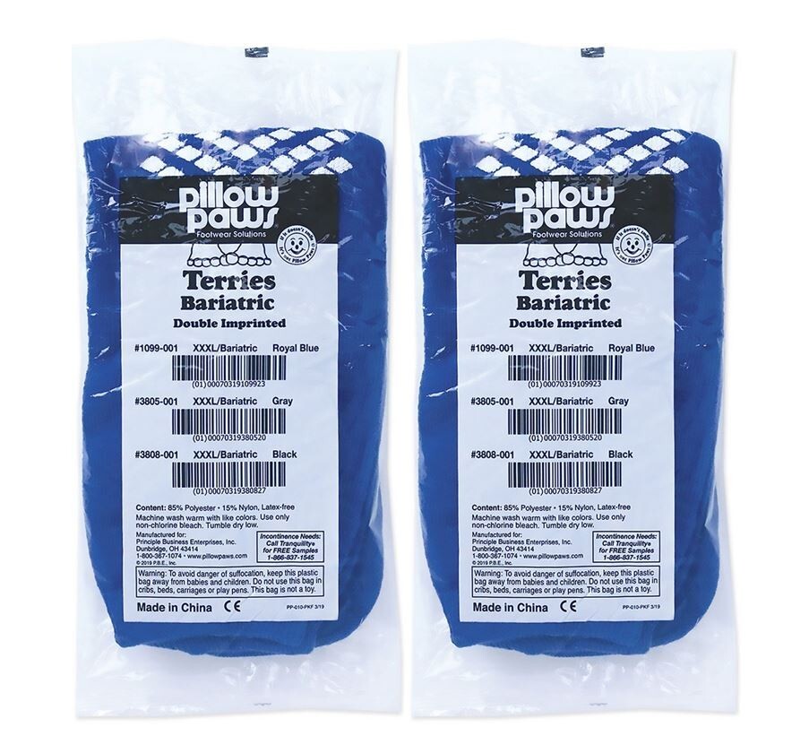 2 PAIR, Bariatric BLUE Slipper Socks XXXL Extra Wide, Non-Slip Terries, 1099-001