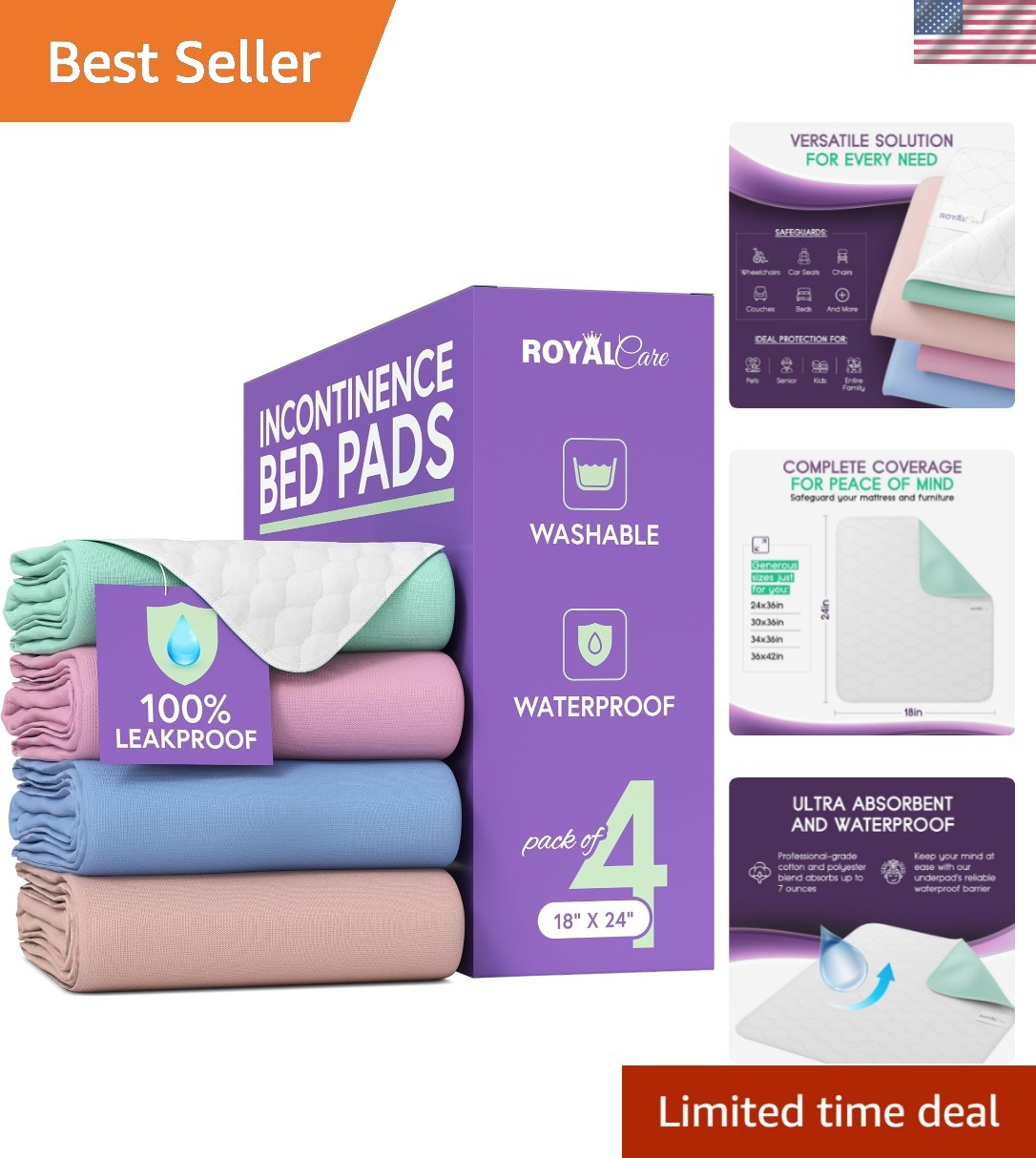 Incontinence Bed Pads – 4 Pack 18” x 24” Reusable Waterproof Mattress Protect…