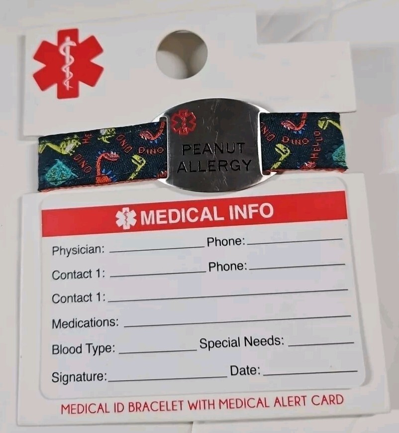 Adjustable Medical ID Bracelet PEANUT ALLERGY Dino Dinosaurs Stainless Steel New