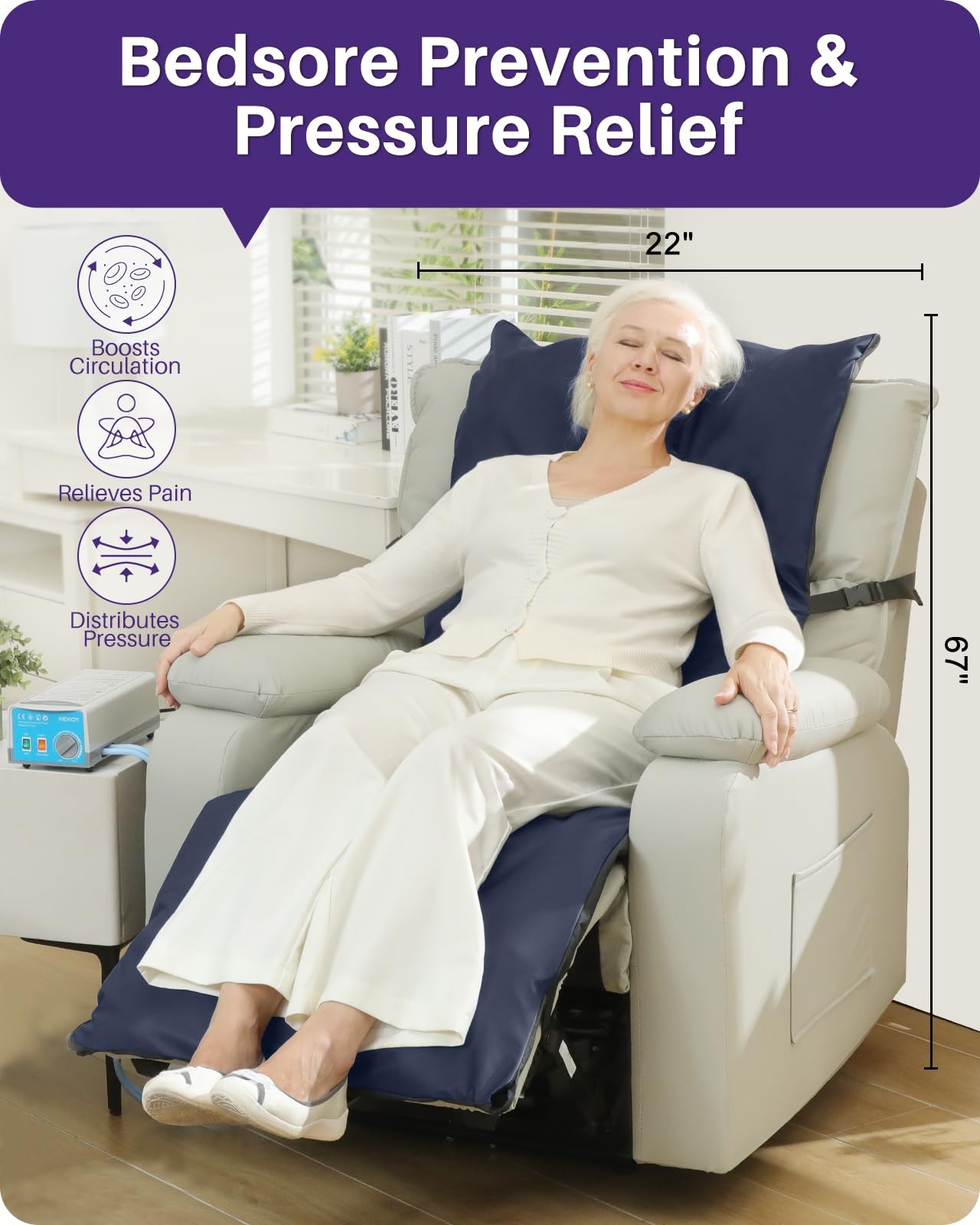 Kekoy Alternating Air Pressure Mattress Pad for Recliner 67″ x 22″, Blue
