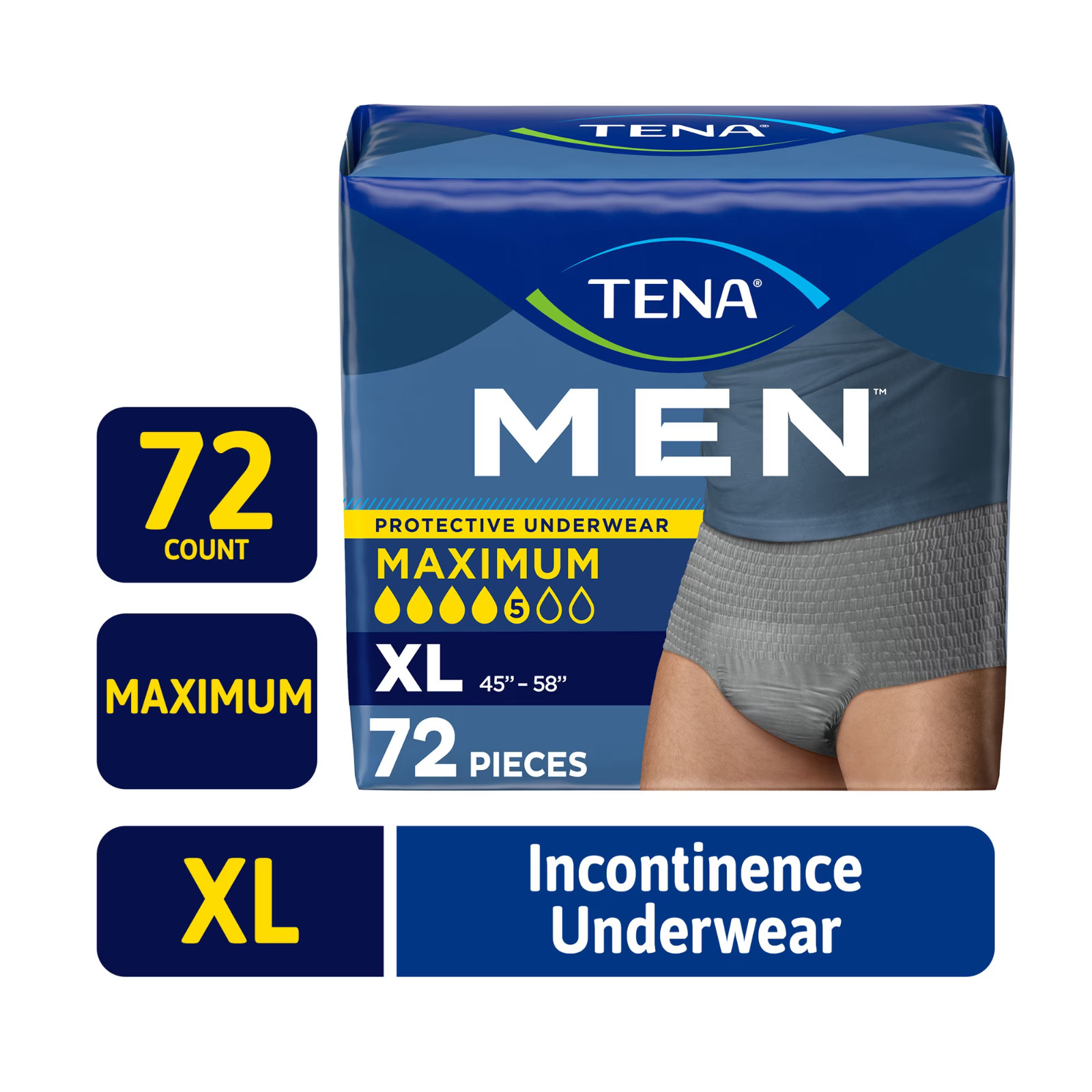 TENA Protective Underwear for Men, Maximum, XL, 72 count (Waist size 45in-58in)