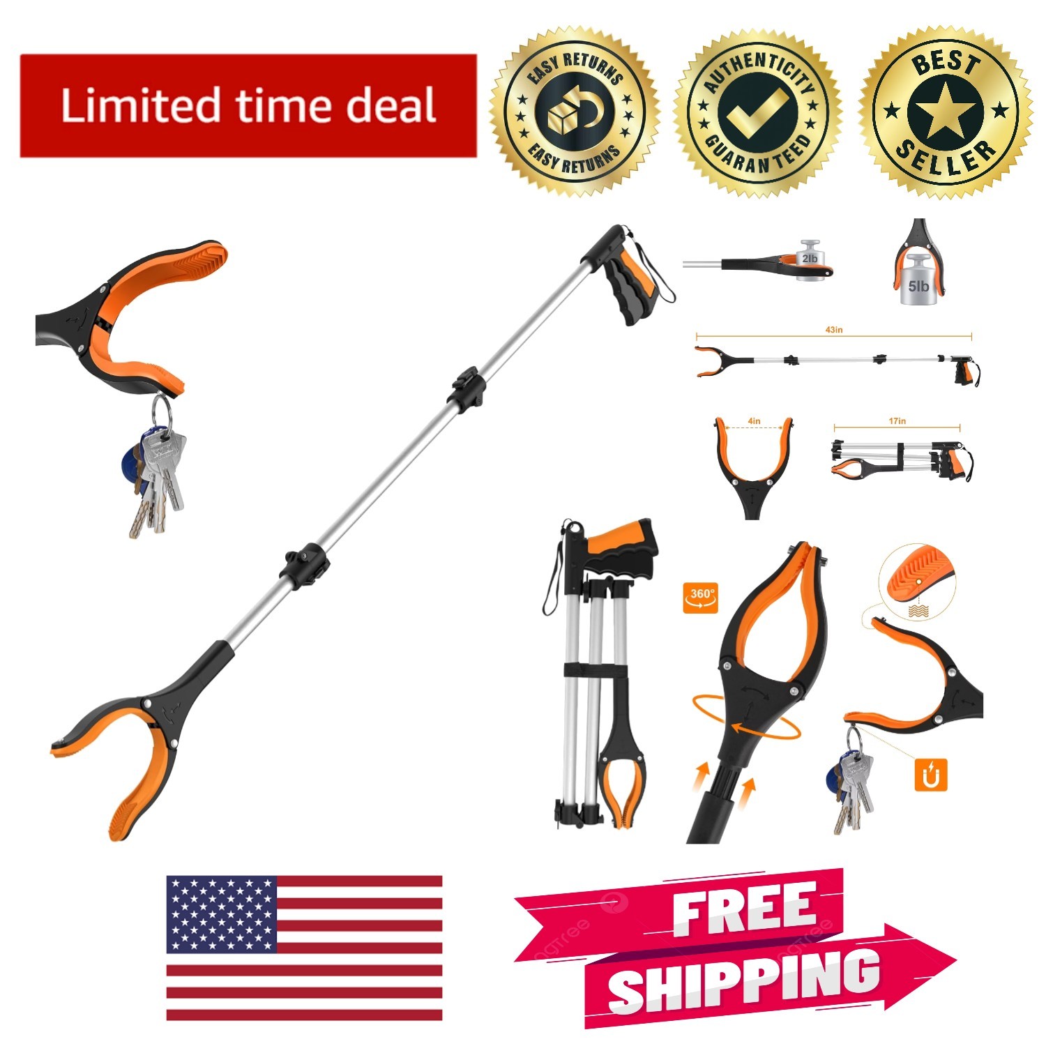 43in Portable Grabber Tool with Magnetic Claw Opening for Safe Item Retrieval