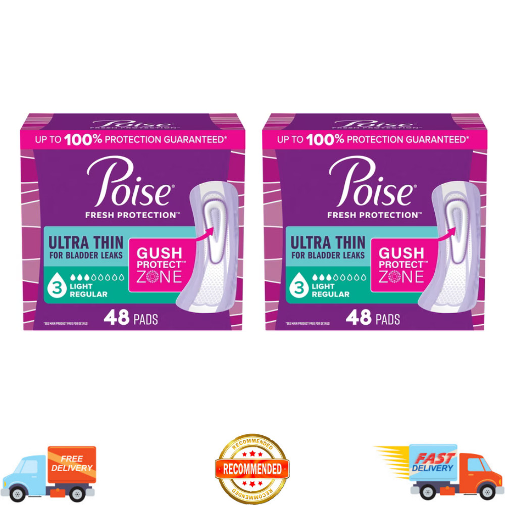 Poise Ultra Thin Incontinence Pads, Light Absorbency, Regular, 48 Count, 2 Pack