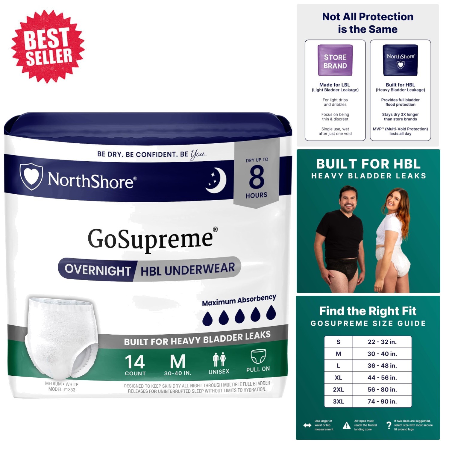 GoSupreme Overnight Pull-On Underwear, 8-Hour Leak Protection, Medium 14-Pack