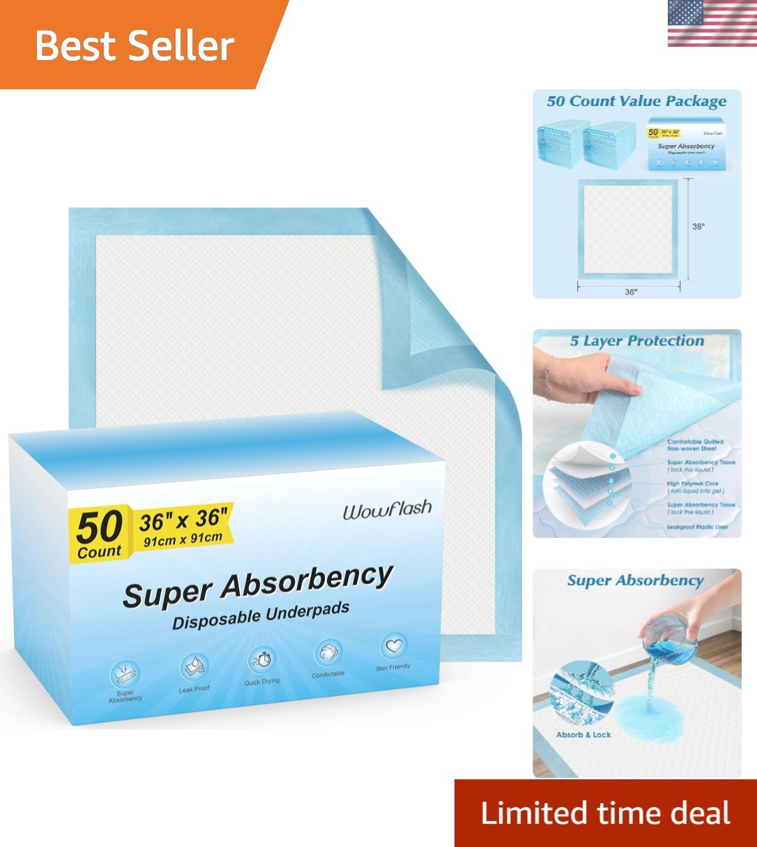 50 Count Ultra Absorbent Disposable Pads 36″x36″ – Ideal for Pets, Adults & Kids
