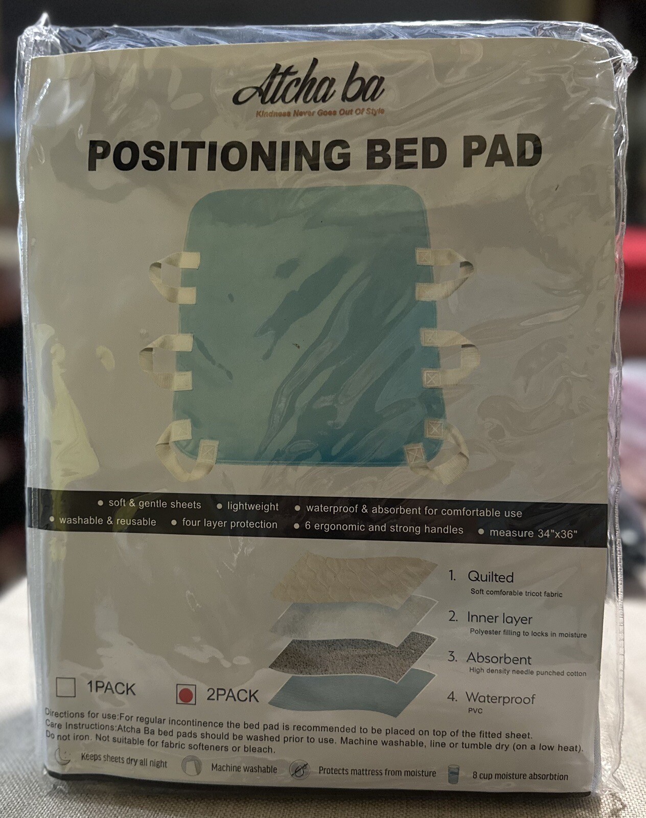 Atcha Ba Positioning Bed Pad w/Handles Washable/Waterproof 34x36in Blue Pk of 2