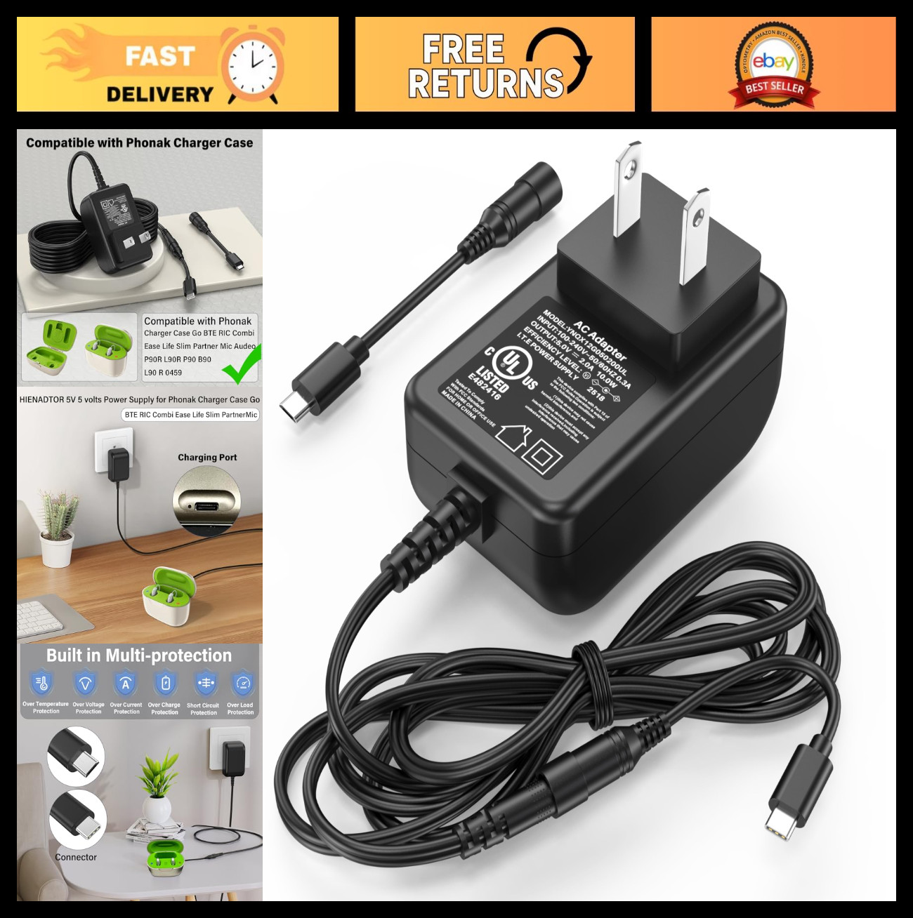 5V Hearing Aids Charger AC Adapter for Phonak Dock Case BTE RIC Audeo P90R L90R