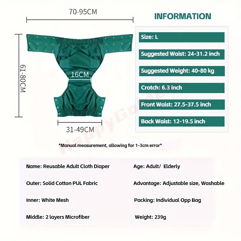 2Pack Reusable Cloth Diapers for Adults Leakproof Breathable Cotton Fabric L XL