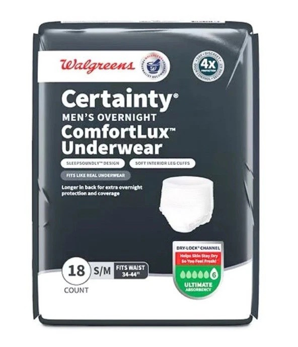 Walgreens Certainty Mens Overnight Underwear Size S/M 18 Ct Maximum Absorbency