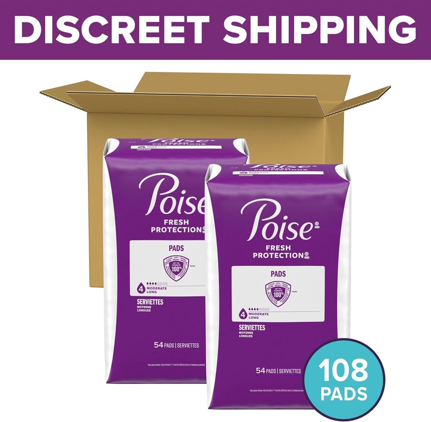 Poise Incontinence & Postpartum Pads – 108 Count, 4 Drop Moderate Absorbency