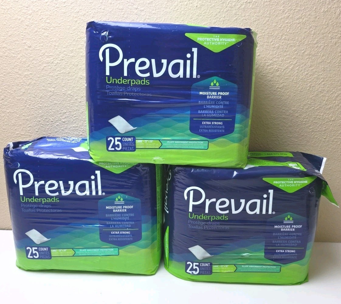 3 Packs Prevail Underpads Large 23″x36″ 25 Count Each 75 Total Moisture Proof