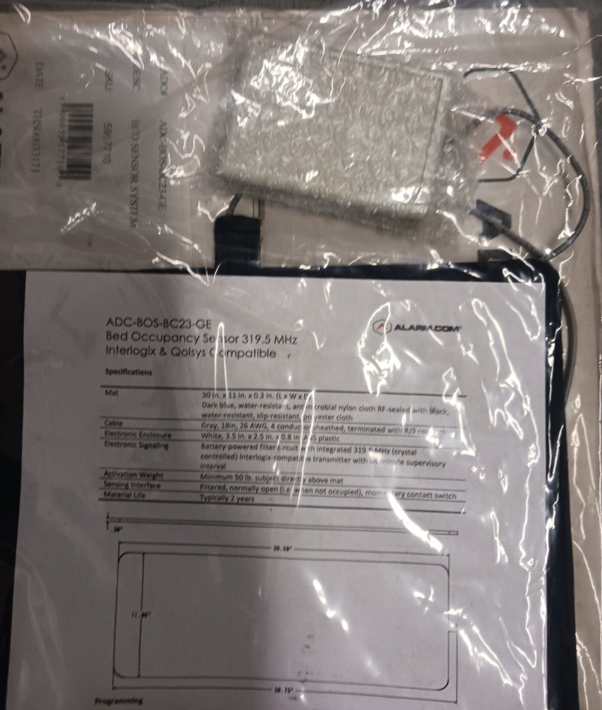 ALARM.COM ADC-BOS-BC23-GE Bed Sensor System (w/Interlogix and Qolsys Transmitter