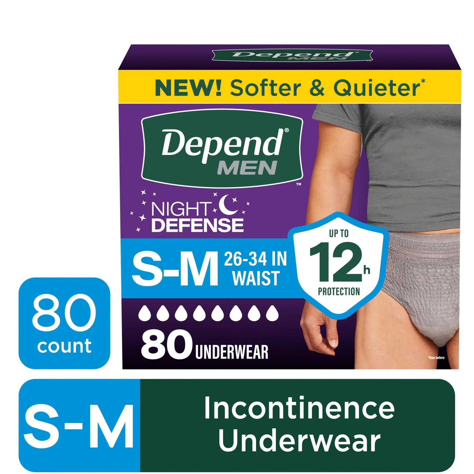 Depend Night Defense Incontinence Underwear for Men, Adult Diapers, S/M, 80 Coun
