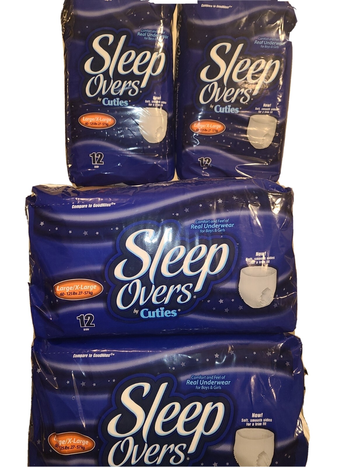 4 Packs of 12 Sleep Overs By Cuties Pull Up/Underwear Large/X Large 60-125 Lbs