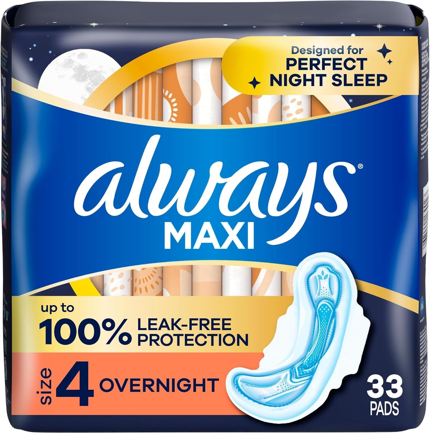 Always Maxi Pads Size 4 Overnight Absorbency Unscented with Wings, 33 Count
