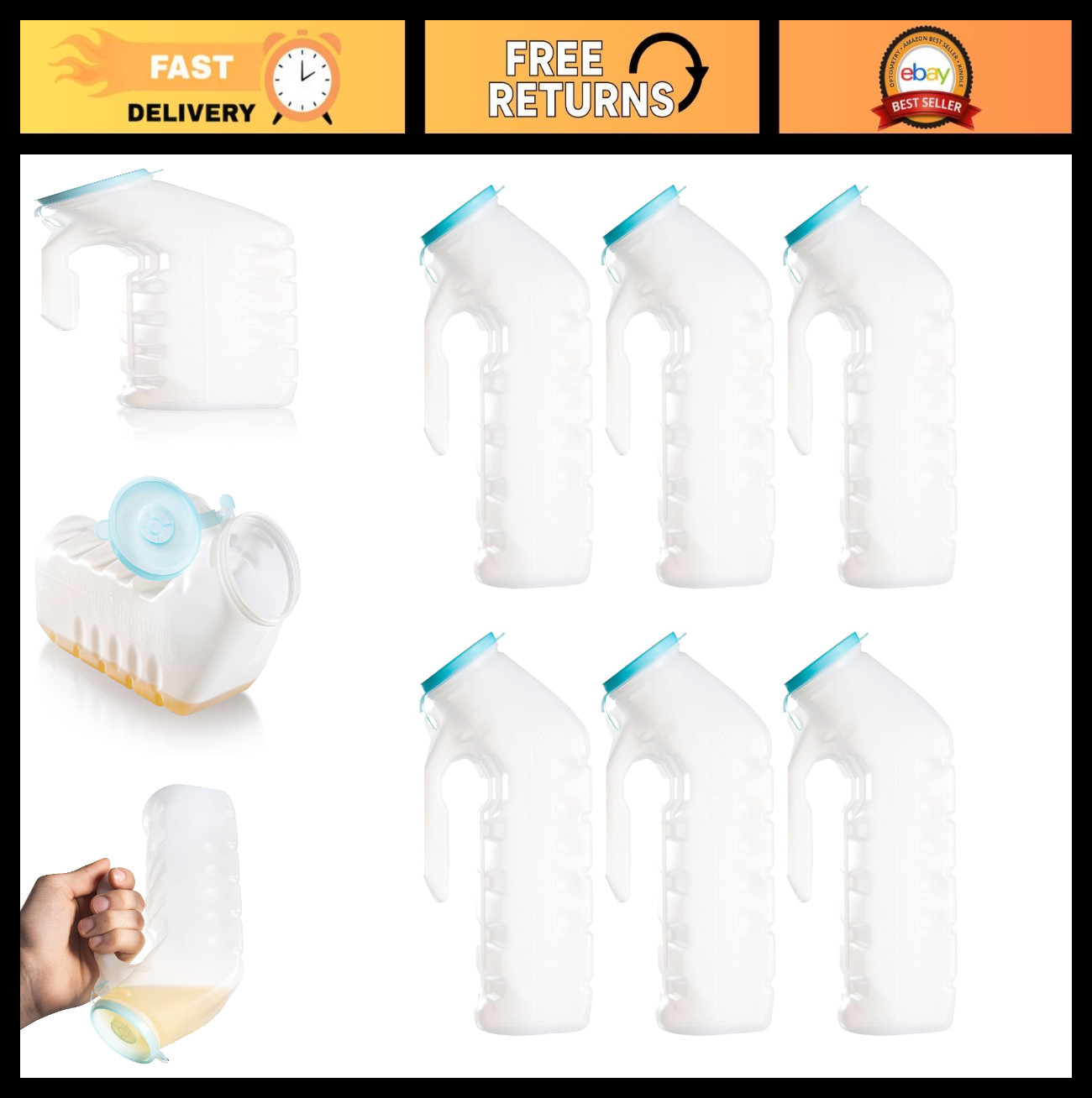 Men’s Urinals with Glow-in-the-Dark Lid – 32 Oz Bottles, 6 Pack – Durable & Port