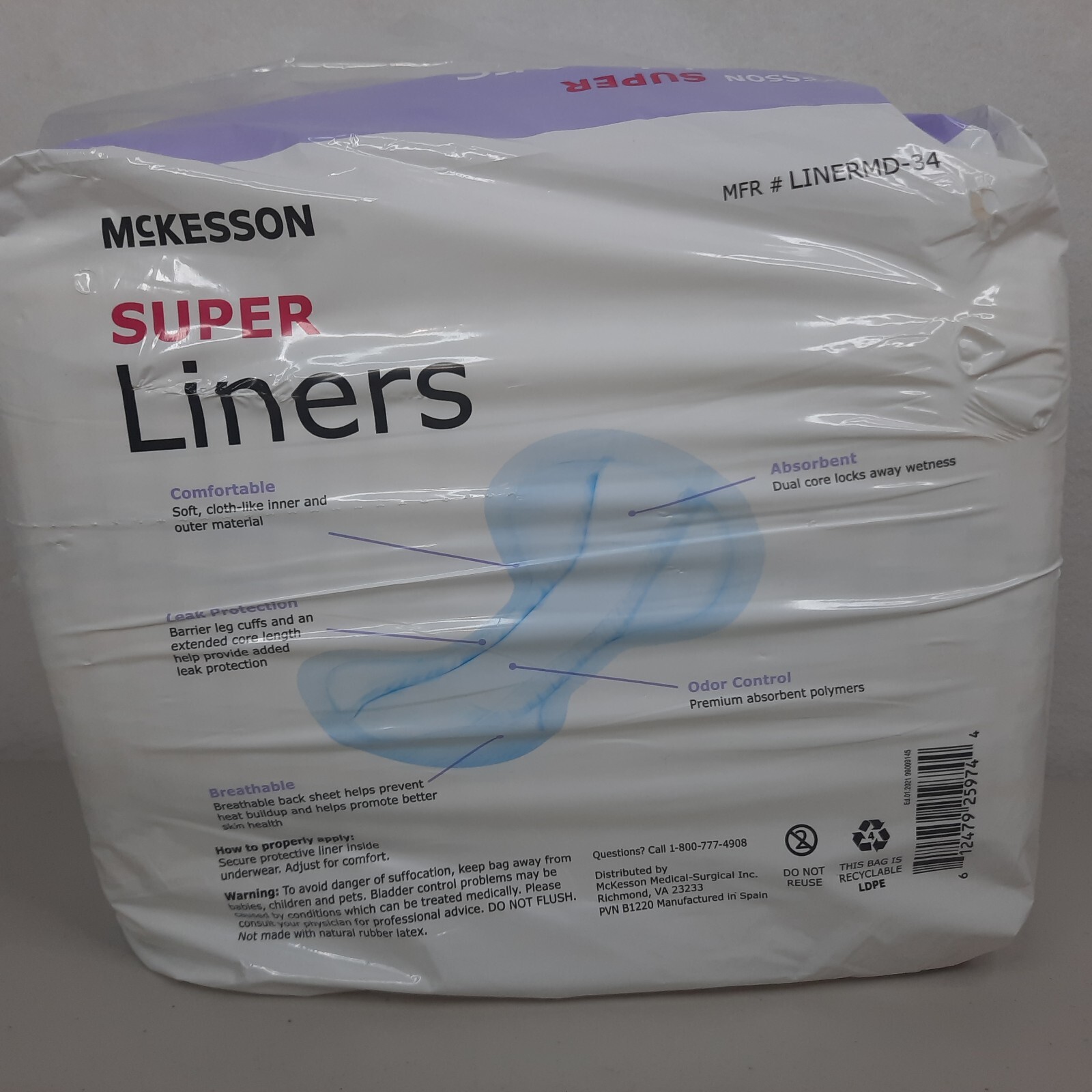 McKesson Super Incontinence Liner Moderate Absorbency 20 Count LINERMD-34