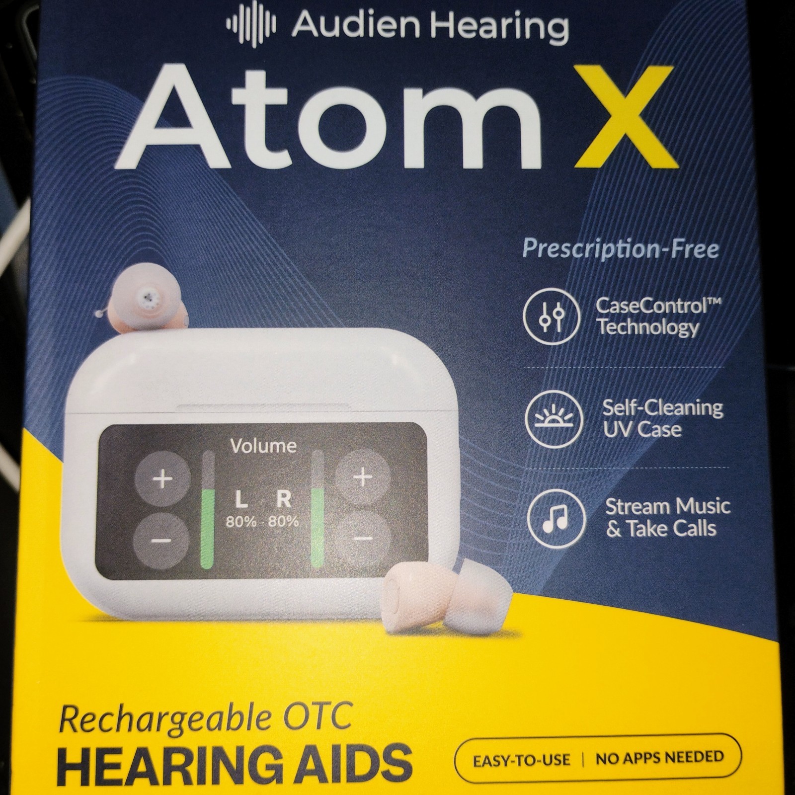 Audien Hearing Atom X CIC Rechargeable Hearing Aids w/ Charging Case, Beige