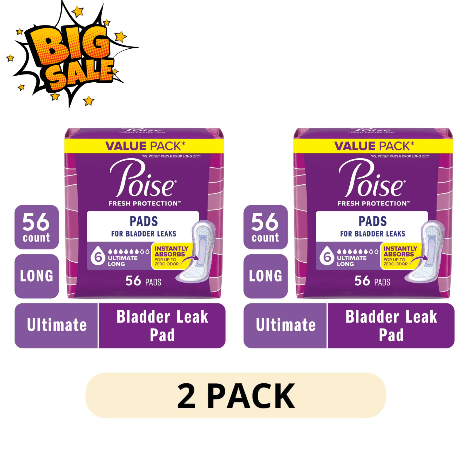 2 Pack Poise Incontinence Pads Women Ultimate Absorbency Long 56 Count NEW