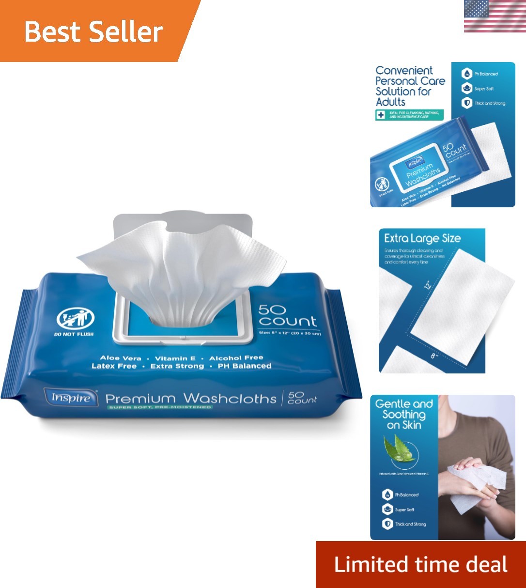 Moist Adult Washcloths with Aloe & Vitamin E | 50 Pack for Caregivers’ Ease