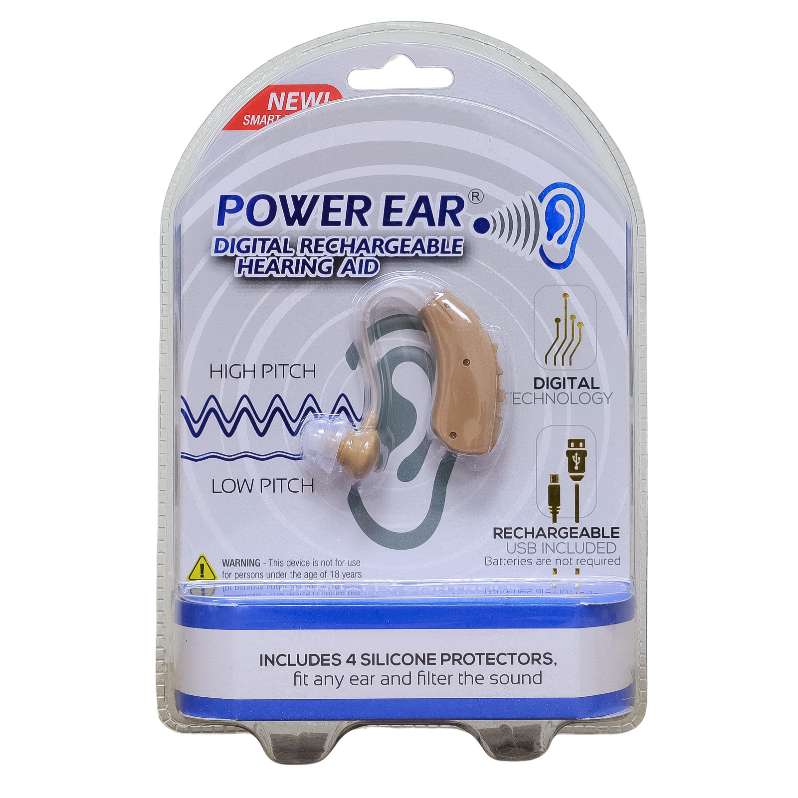 Power Ear Digital Rechargeable Hearing Aid Manually Controls Hi & Lo Tones