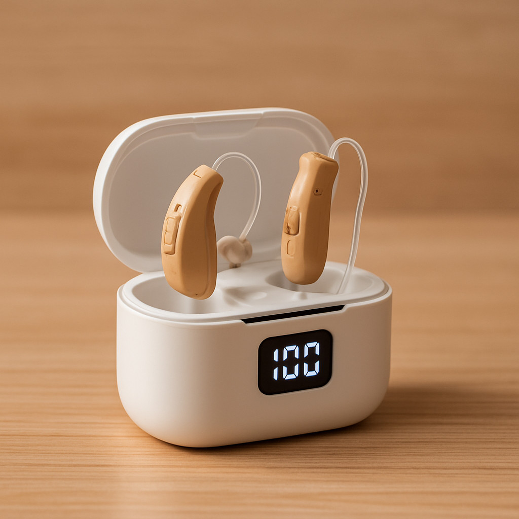 LEEL G28 BTE OTC Rechargeable Hearing Aids Pair Tan Charging Case LCD Display