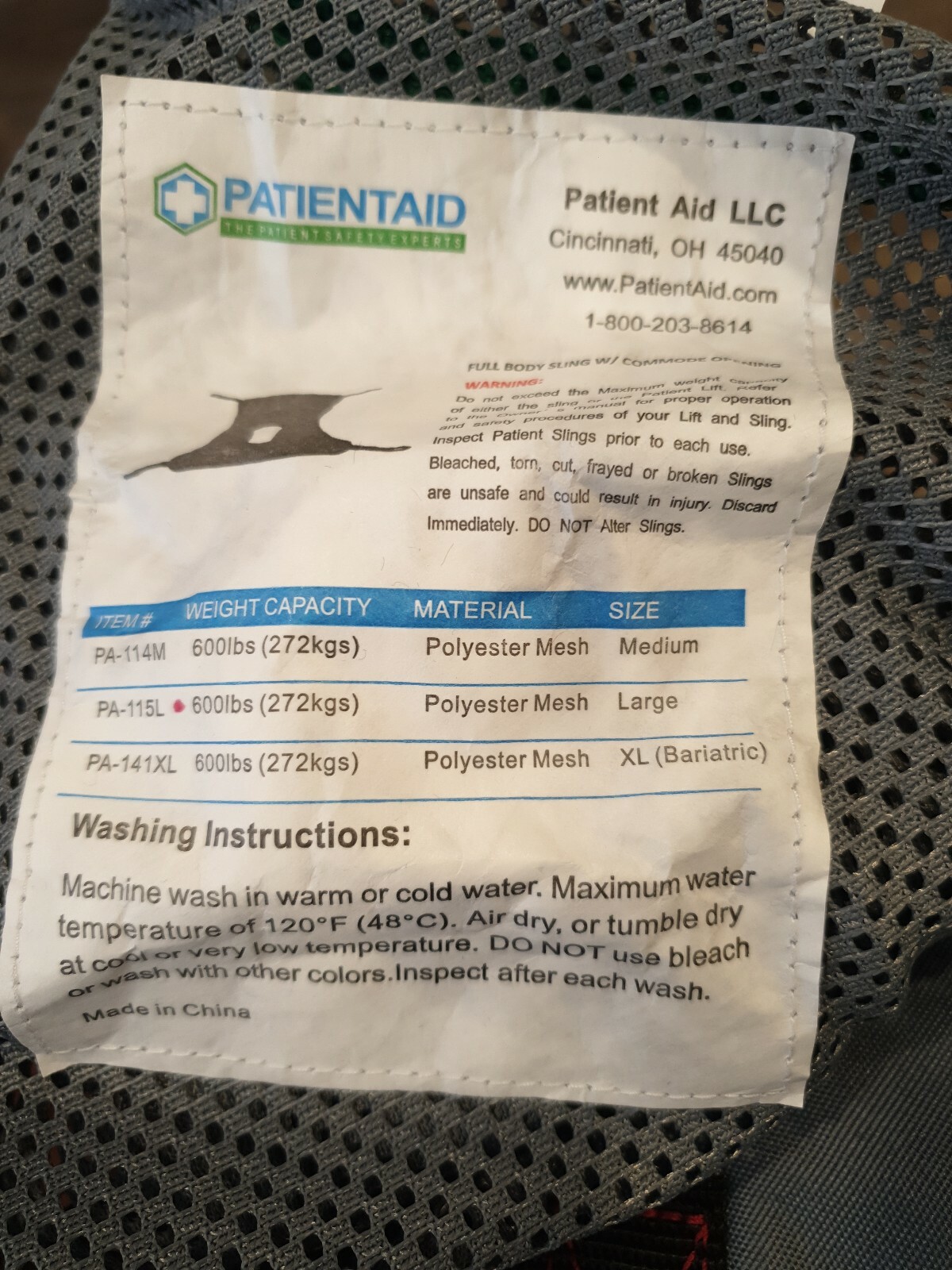 Patient-Aid PA-115L Full Body Sling W/ Commode Opening Large 600lbs Weight Cap