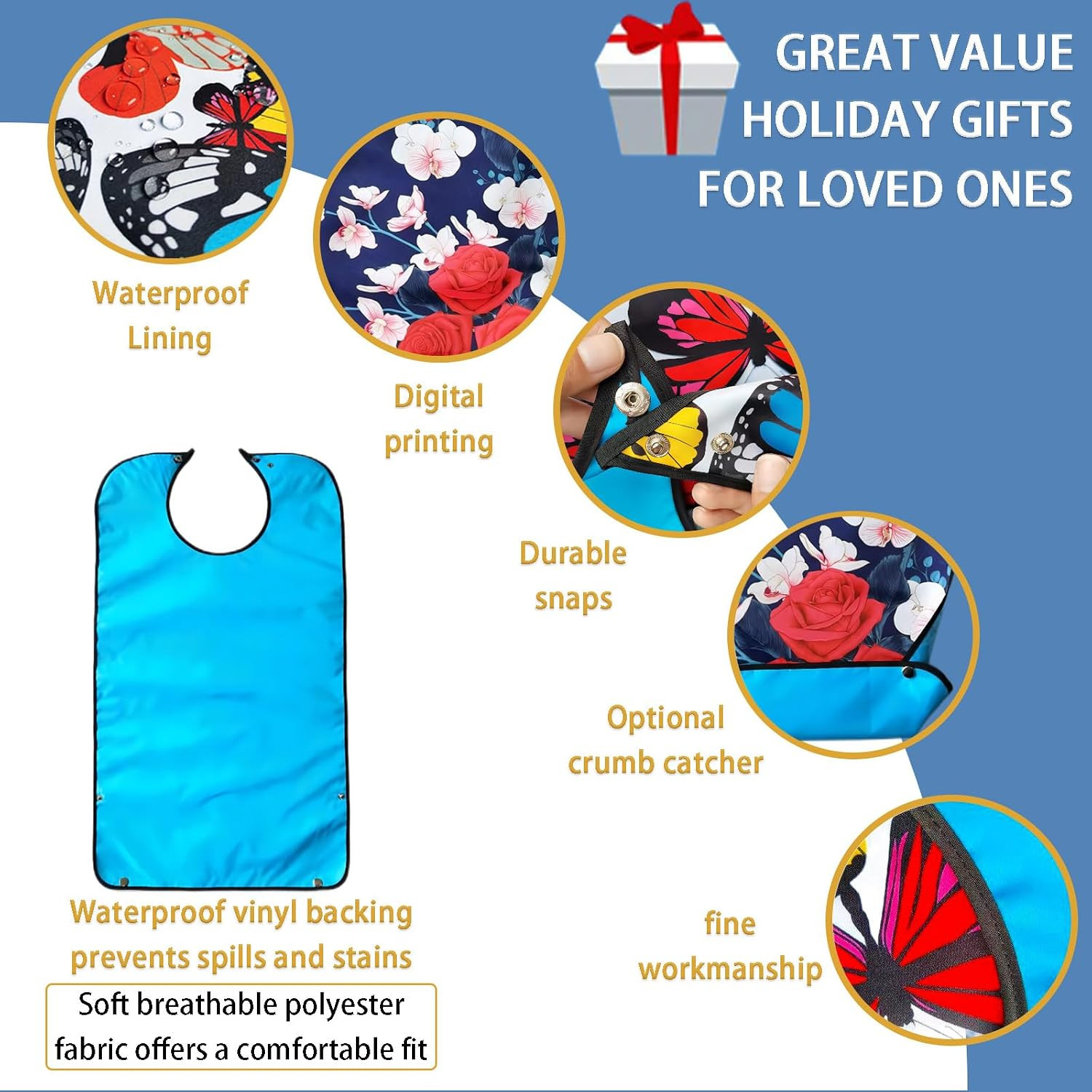 2 Pack Adult Bibs for Elderly Women, Reusable Large Adult Bibs for Eating with S