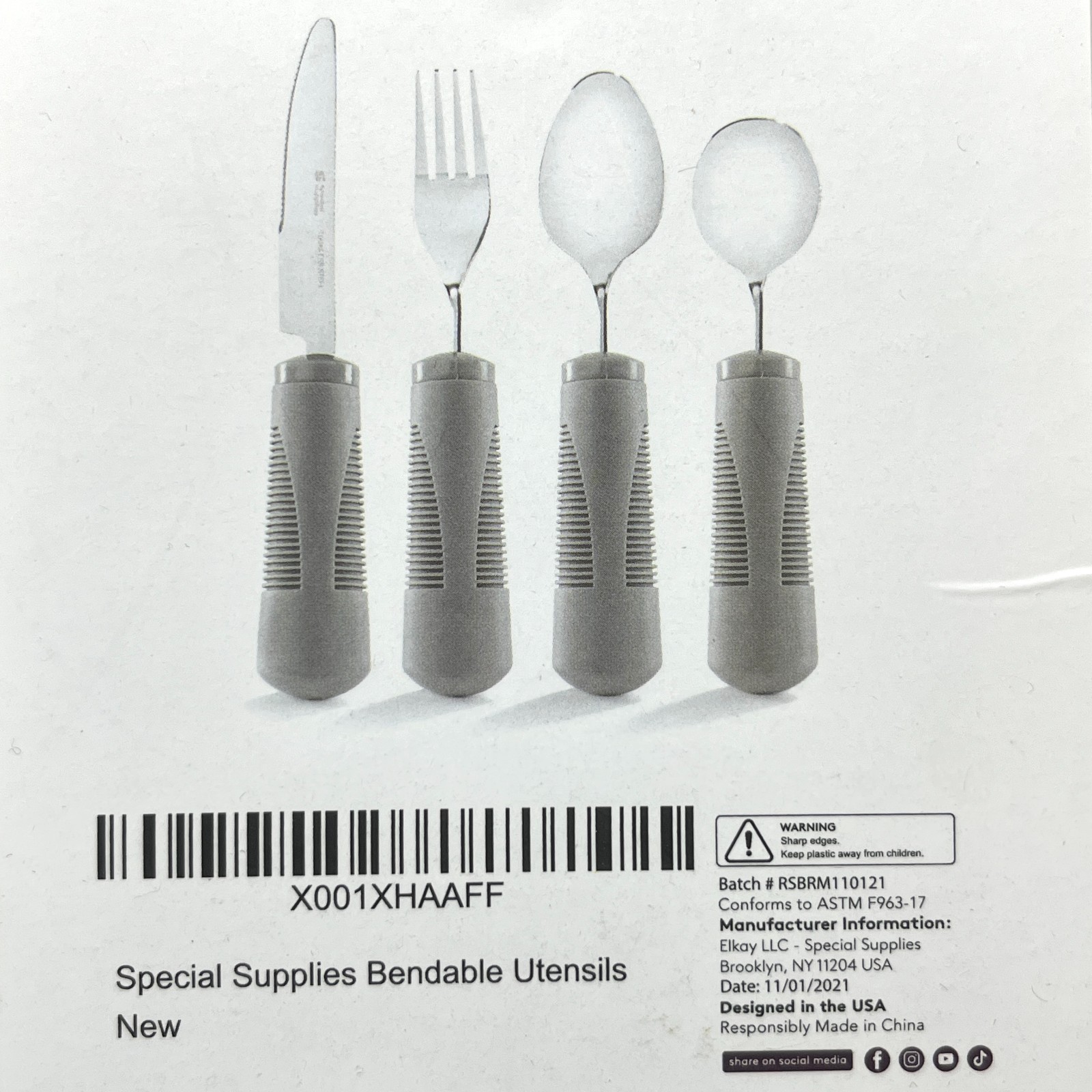 Special Supplies Adaptive Utensils Stainless Steel Knife Fork Spoon 4-Piece Set