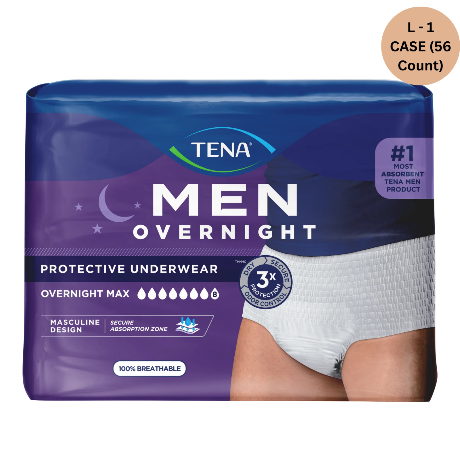 TENA Men Overnight Max Underwear L, 1 CASE (56 count)