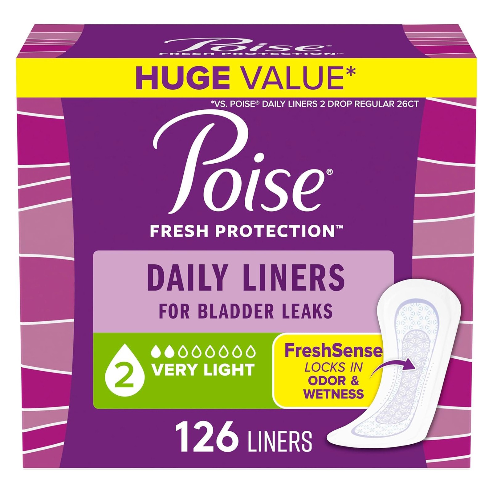 Poise Daily Liners for Bladder Leaks, 2 Drop Light Absorb Regular Length, 126 Ct
